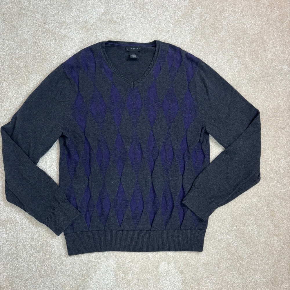 J Ferrar Mens Argyle V‎ Neck Sweater Dark Gray Purple Size M